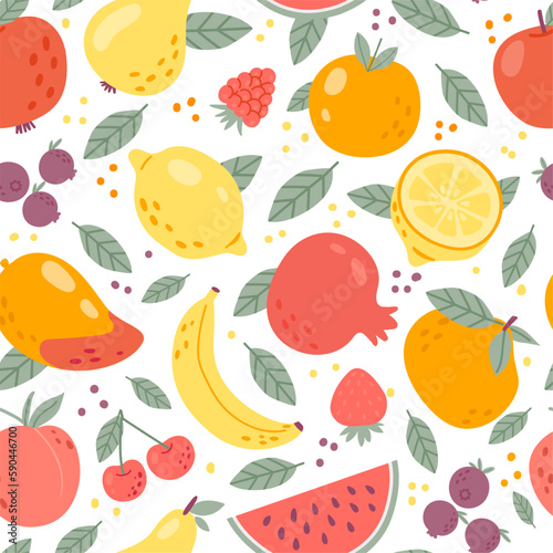 Fruit seamless pattern. Repeated summer fruits and berries background. Print with lemon, apple, peach, banana, watermelon, strawberry. Vector texture