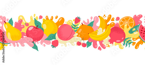 Fruit and berries juice splash border. Seamless pattern with sweet fruit and berry, fresh juicy splashes apple, banana, pear, peach. Vector illustration