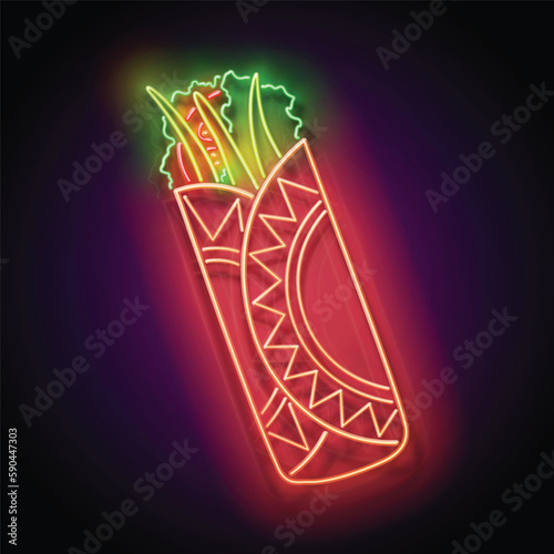 Glow Mexican chimichanga. Traditional ethnic food, appetizer. Neon Light Poster, Flyer, Banner, Signboard. Glossy Background. Vector 3d Illustration