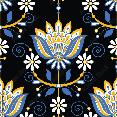 Seamless Pattern with Flower Inspired by Ukrainian Traditional Embroidery. Ethnic Floral Motif, Handmade Craft Art. Ethnic Design. Fabric Textile, Wrapping Paper, Wallpaper. Vector Illustration