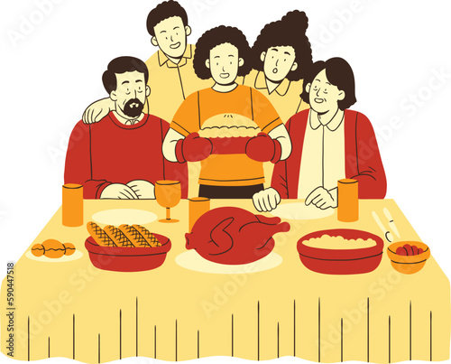 Family dinner at home. Flat vector illustration isolated on a white background.