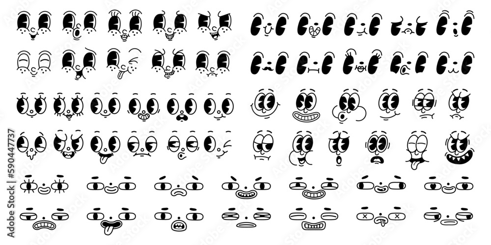 Cartoon 1930-s retro faces. Vintage emotional face, old style funny eyes and mouth, different facial expression on white background. Vector set - obrazy, fototapety, plakaty 