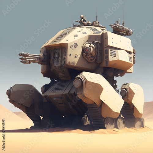Tela battle cruiser giant mech on desert tank cannons