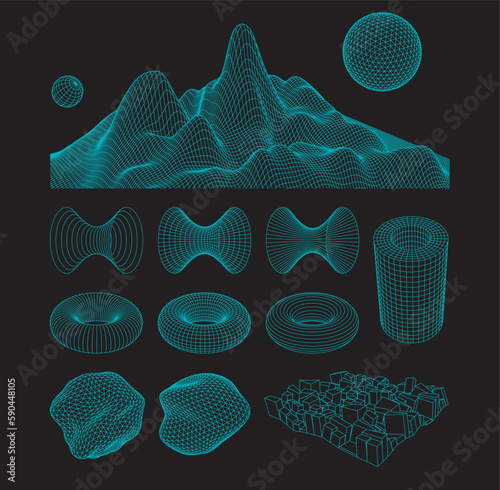 3d wireframe shapes. Grid sphere, cylinder and torus, amorphic asteroid, hyperboloid metaverse geometric elements. Isolated vector futuristic retrowave set photo