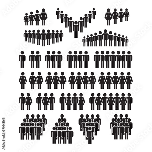 People icons. Man and woman group social pictograms, human crowd silhouette symbols. Business team simple black infographic signs isolated set