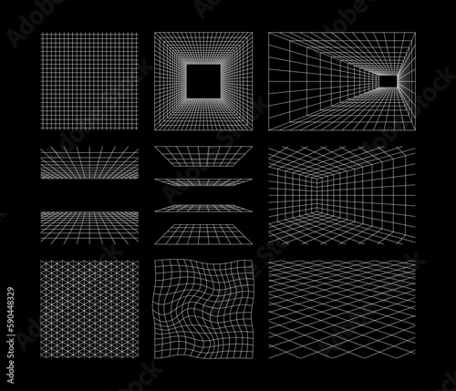 Perspective grids. Retro futuristic wireframes, cyberpunk net space. Perspective lines vanishing point rectangular space. Seamless checkered isometric grid pattern. Isolated vector set photo