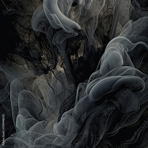 a central swirl of smoke-like patterns in shades of gray, white, and black
