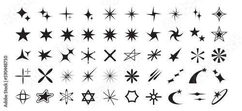Y2k star icons. Retro sparkle shapes abstract brutalism star galaxy symbols. Starburst glow, futuristic shine geometric isolated vector set