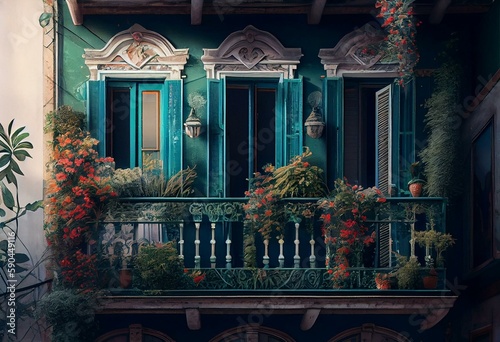 a painting of a balcony with flowers and plants growing on the balconies of a building with green shutters and green shutters Fototapeta