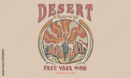 Desert Vibes, feel the sunset. Mountain graphic print. Desert Wild Wanderlust. Arizona desert graphic print artwork for apparel, t shirt, sticker, poster, wallpaper and others. Cactus tree.