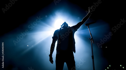 silhouette of rock star on stage with two arms in the air, holding a mic in left hand. Backlit by blue and white spot lights from behind