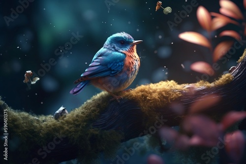 a cute little bird perched on magical tree. generative AI