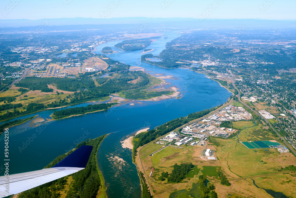 Aerial view to Columbia River before landing in Portland in Oregon.