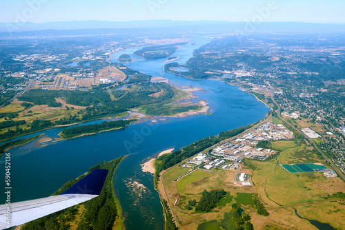 Aerial view to Columbia River before landing in Portland in Oregon.