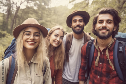 Portrait Of Smiling Young Friends Hiking Outdoors Together