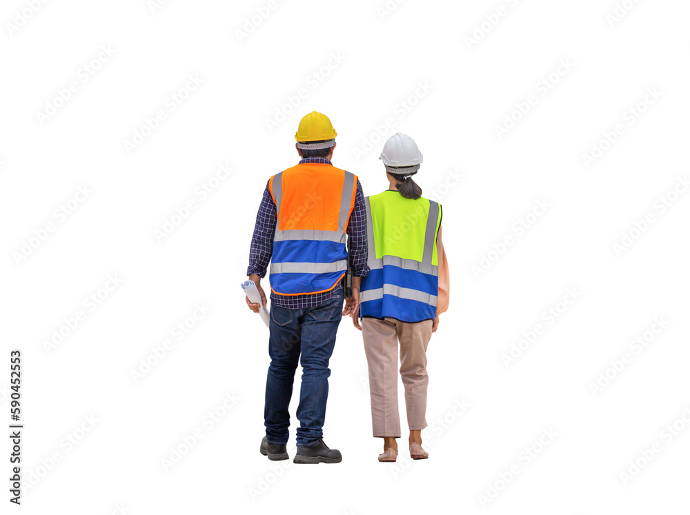 Female engineer and foreman worker checking project at building site, Engineer and builders in hardhats discussing on construction site, Teamwork concepts