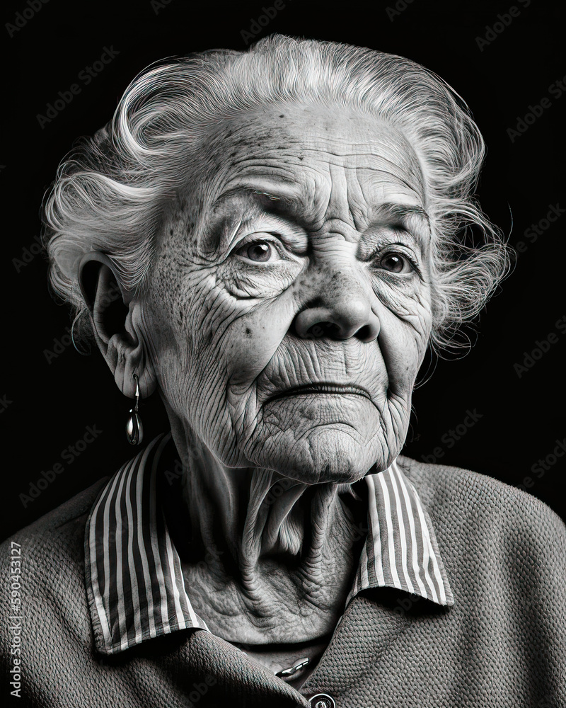 Long life - a stunning portrait of a thoughtful old wise woman / granny looking back on his life. Black and white photo. Generative AI Long life - a stunning portrait of a thoughtful old wise woman / granny looking back on his life. Black and white photo. Generative AI