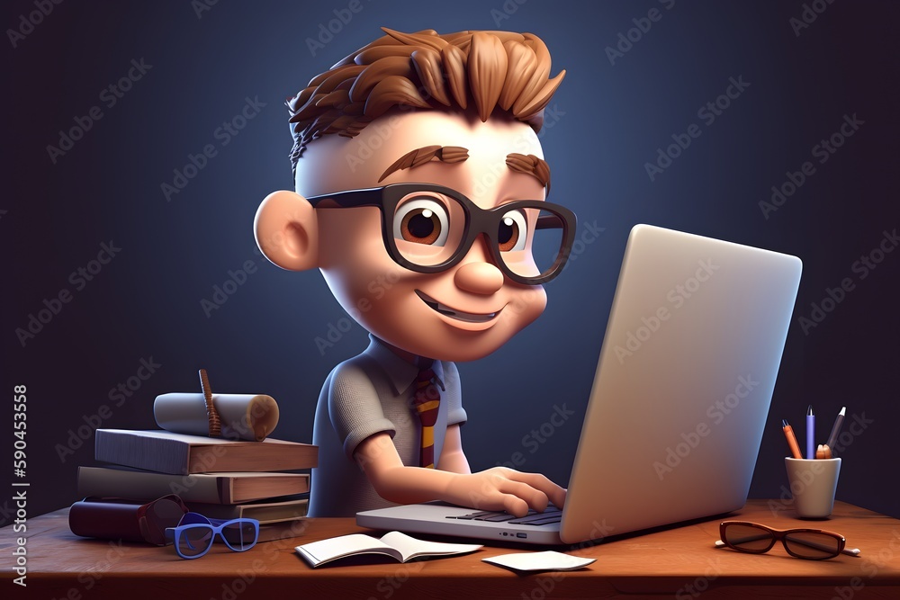 Portrait of successful programmer, game developer or coder guy in uses computer laptop for work. Game design. Hacker boy. Generative Ai. Hipster IT employee.
