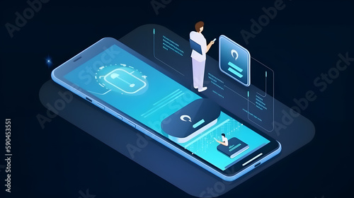 User two-factor authentication technology via mobile phone. Identification human in mobile bank for internet payments or access confidential information. Fintech isometric concept. Digital safety.