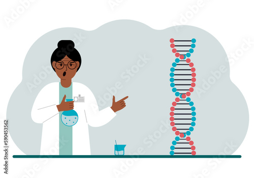 Female doctor with flasks near the dna chain. The concept of treating a new coronavirus, virus, pcr or disease.