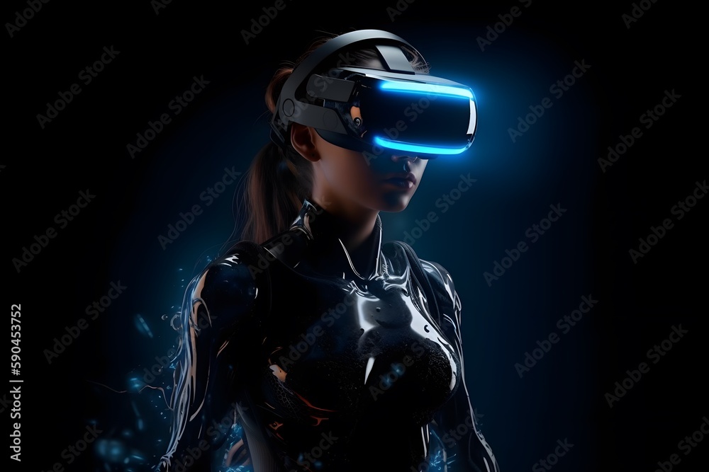 3d realistic female character with futuristic VR glasses and headset. copy space. metaverse concept, technology, video game and virtual reality. 3d rendering. Generative Ai. 3d realistic female character with futuristic VR glasses and headset. copy space. metaverse concept, technology, video game and virtual reality. 3d rendering. Generative Ai.