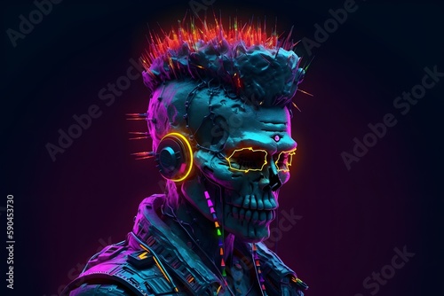 Retrowave cyberpunk cyborg robot criminal hacker. 3D illustration of science fiction skull faced cyborg with mohawk hair. Generative Ai.