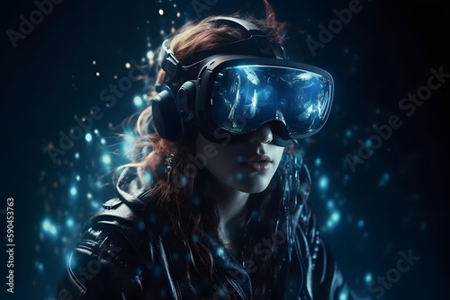 3d realistic female character with futuristic VR glasses and headset. copy space. metaverse concept, technology, video game and virtual reality. 3d rendering. Generative Ai. © ckybe