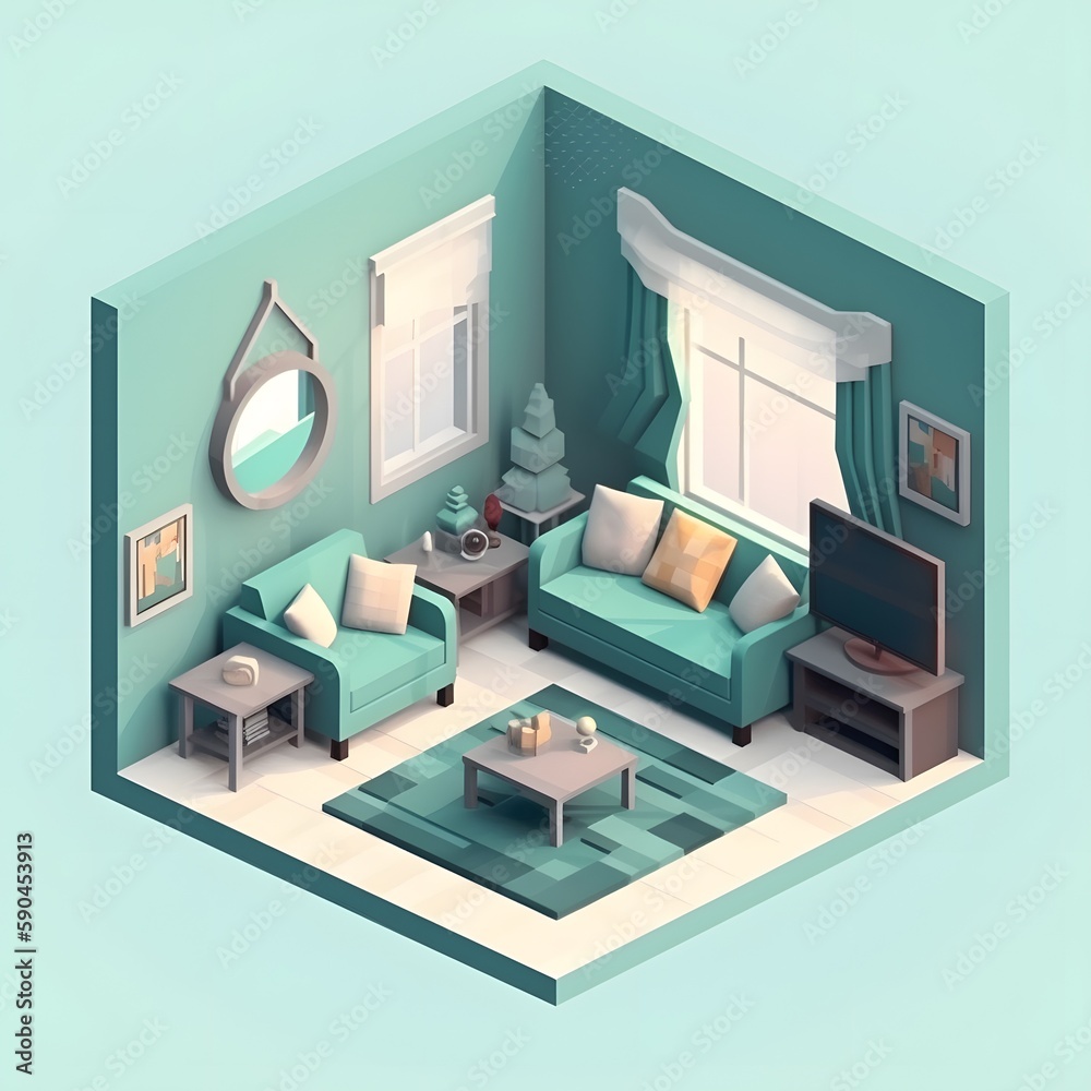 3d illustration isometric low poly living room cute design. Room includes sofa, coffee table, windows, curtain, clock, frame and other furniture. Generative Ai.