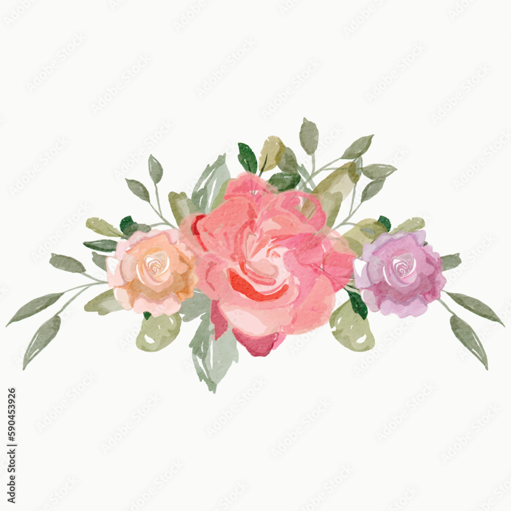 bouquets with leaves and flowers, watercolor, isolated on white.  background