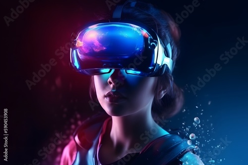 3d realistic female character with futuristic VR glasses and headset. copy space. metaverse concept, technology, video game and virtual reality. 3d rendering. Generative Ai.