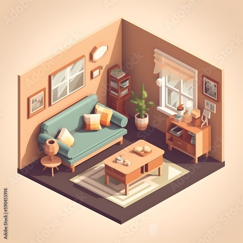 3d illustration isometric low poly living room cute design. Room includes sofa, coffee table, windows, curtain, clock, frame and other furniture. Generative Ai. © ckybe