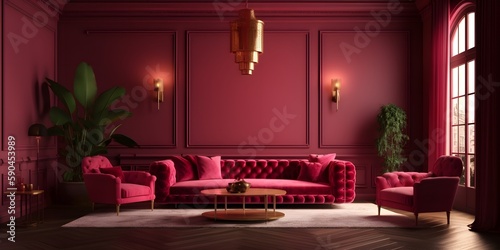 3d style. Luxury living room in trend 2023 color. Viva magenta walls, lounge furniture. Red carmine, cochineal. Empty space for art or picture. Interior design mockup template. Generative Ai. © ckybe