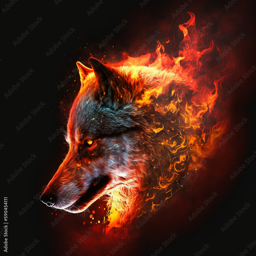 A head of a realistic wolf in flames A head of a realistic wolf in flames