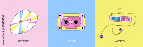 Set of three retro music elements, compact disks, audio cassette and old fashioned mp3 player with earphones on a colorful background. photo