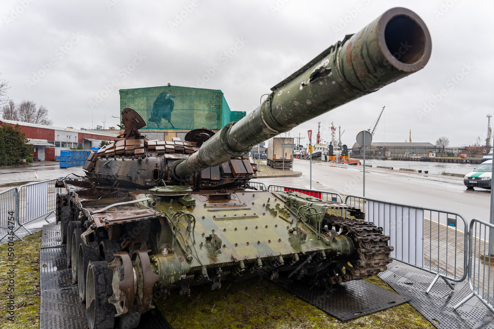Liepaja, Latvia - 04.01.2023: Russian T-72B tank, destroyed by the Ukrainian army in the spring of 2022 in the battles near Kiev