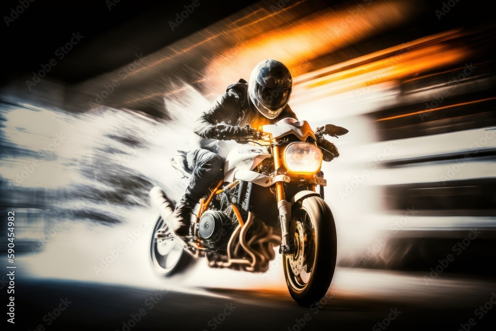 Motorcycle rider in action. Motion blur background. Generative AI