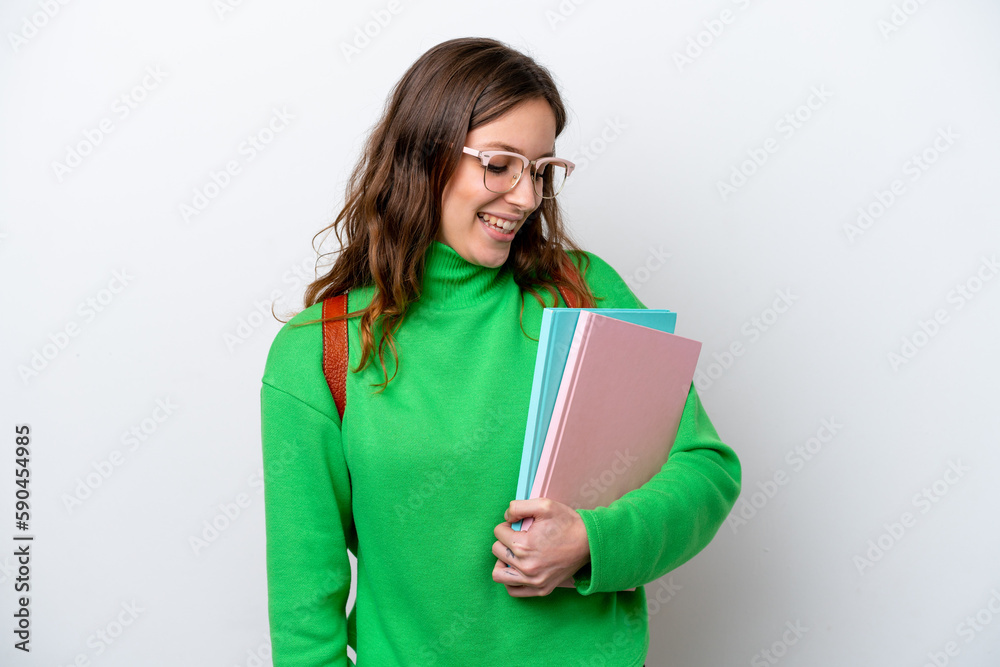 Young student caucasian woman isolated on white background with happy expression Young student caucasian woman isolated on white background with happy expression