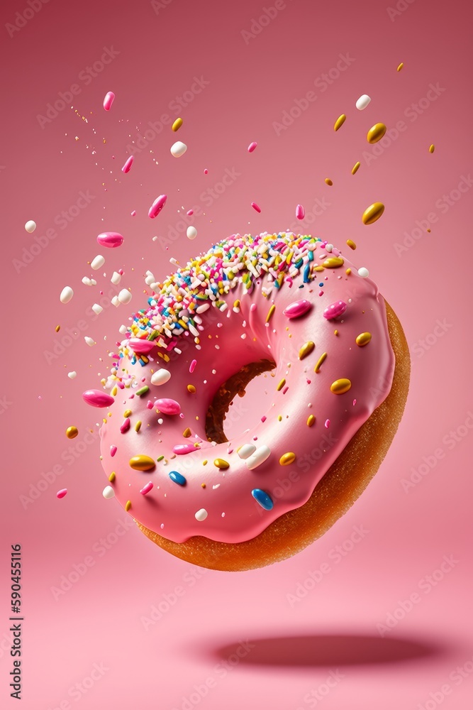 Flying donut with sprinkles on a pink background. Generative AI Flying donut with sprinkles on a pink background. Generative AI