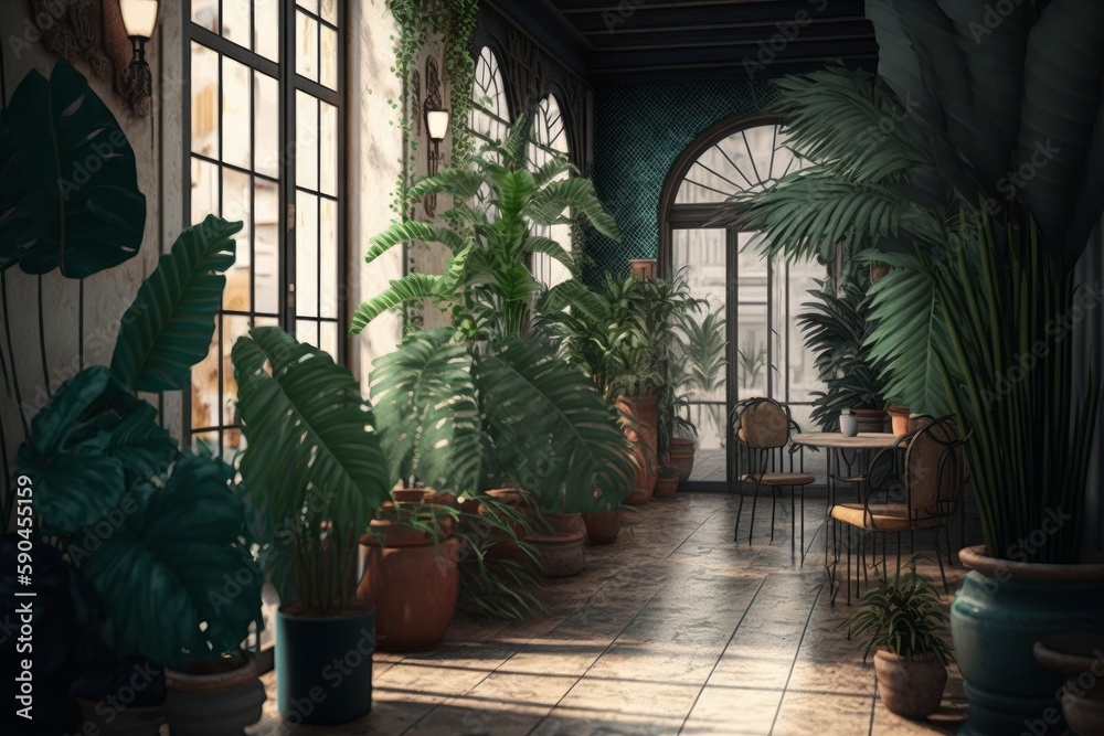 Interior of a cafe with tropical plants. Generative AI