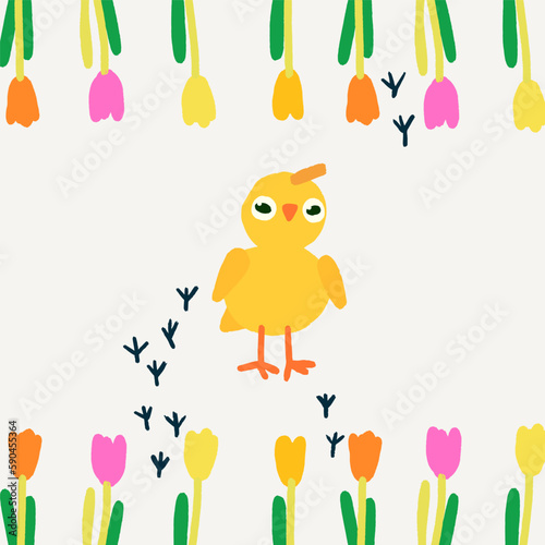 Hand drawn Easter illustration, yellow chicks with tulips and footprints on the beige background, great for banners, wallpapers, wrapping.