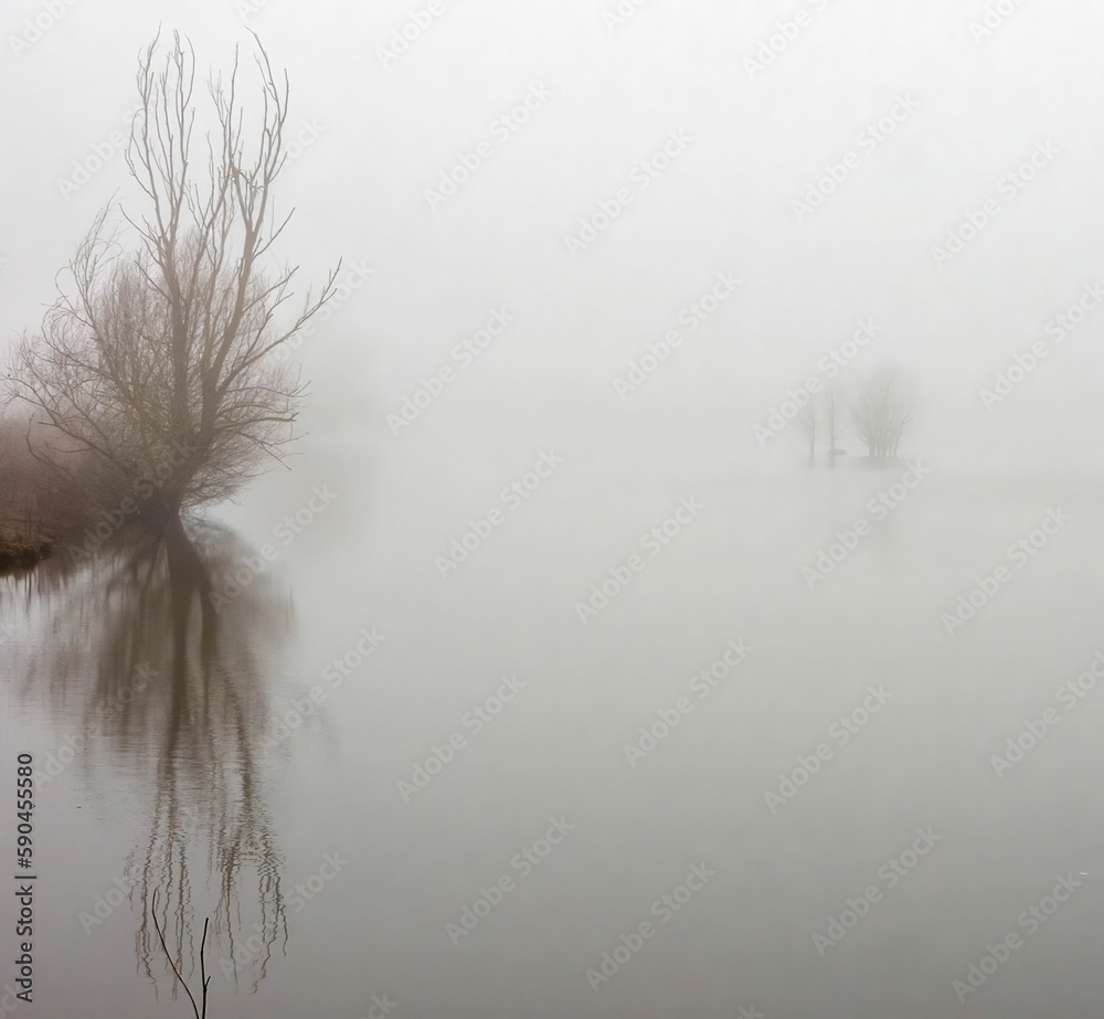 Obraz premium Landscape of a lake surrounded by trees covered in the fog on a gloomy day