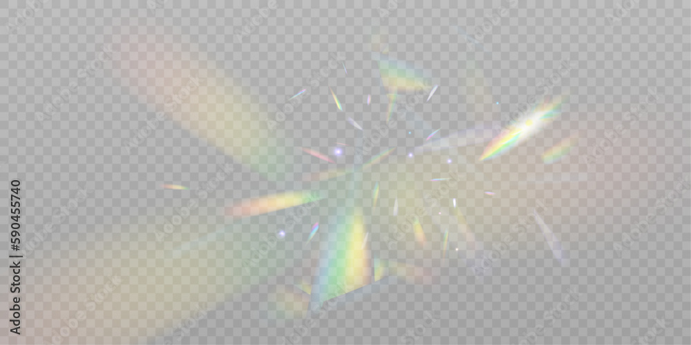A cluster of colors, bright rays of the spectrum. Glare on a lens, glass, jewelry, or gemstone. The superimposition of the rainbow effect, the refraction of light by a crystal prism. Realistic diamond