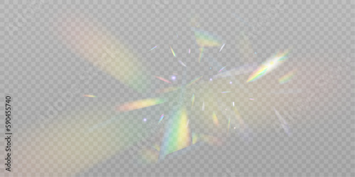 A cluster of colors, bright rays of the spectrum. Glare on a lens, glass, jewelry, or gemstone. The superimposition of the rainbow effect, the refraction of light by a crystal prism. Realistic diamond