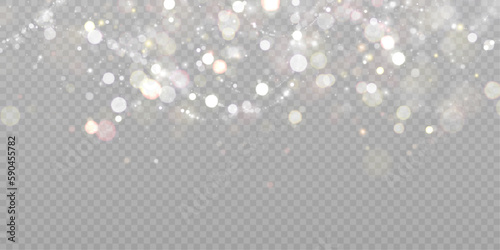 Shiny bokeh background. Illustration of glittery light shimmering bokeh. Light effect with lots of shiny highlights shining on a transparent background for designs for Christmas and New Year. 