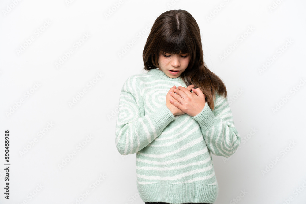 Little caucasian girl isolated on white background having a pain in the heart Little caucasian girl isolated on white background having a pain in the heart
