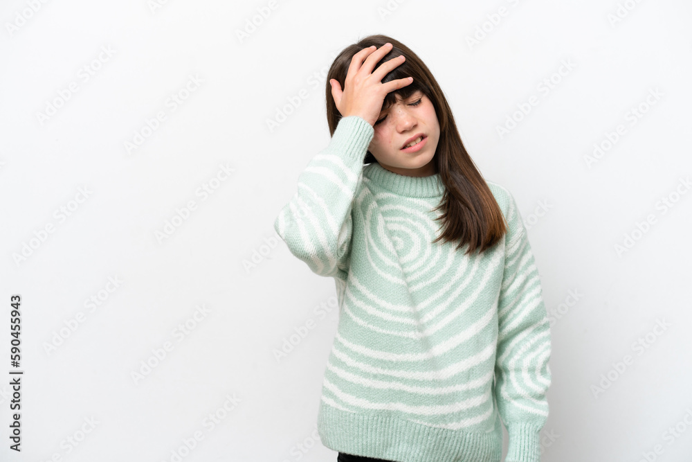 Little caucasian girl isolated on white background with headache Little caucasian girl isolated on white background with headache