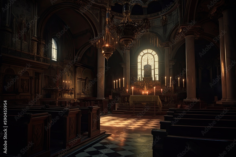 interior of a dark and epic church, with details such as flickering candlelight, faded frescoes, stained glass windows, and an imposing altar, to evoke a sense of mystery, grandeur - Generative AI