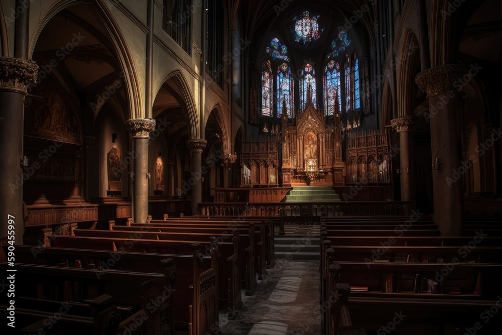 interior of a dark and epic church, with details such as flickering candlelight, faded frescoes, stained glass windows, and an imposing altar, to evoke a sense of mystery, grandeur - Generative AI