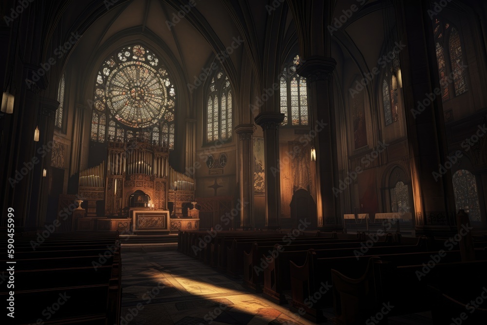 interior of a dark and epic church, with details such as flickering candlelight, faded frescoes, stained glass windows, and an imposing altar, to evoke a sense of mystery, grandeur - Generative AI