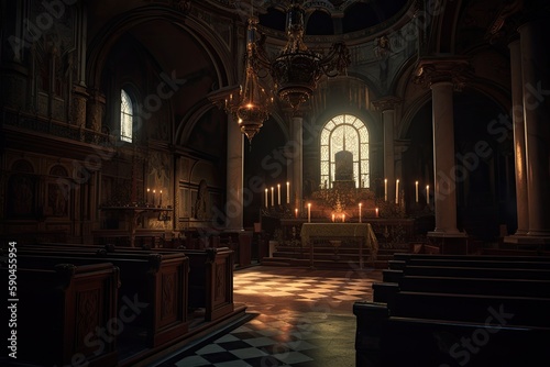 interior of a dark and epic church, with details such as flickering candlelight, faded frescoes, stained glass windows, and an imposing altar, to evoke a sense of mystery, grandeur - Generative AI © Hanjin